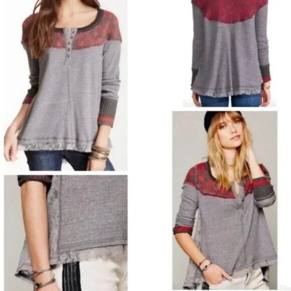 We The Free Womens Cabin In The Woods Thermal Shirt Nordic Lace Gray/Red - Picture 2 of 9